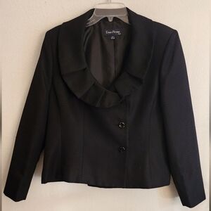 Evan Picone Black Blazer Ruffle Collar Fully Lined Button Closure Jacket Sz 16